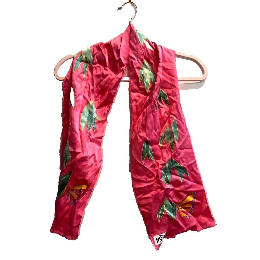 M.S. Compere Womens Pink Rectangle Scarf Small Silk Floral Day Butterfly Center